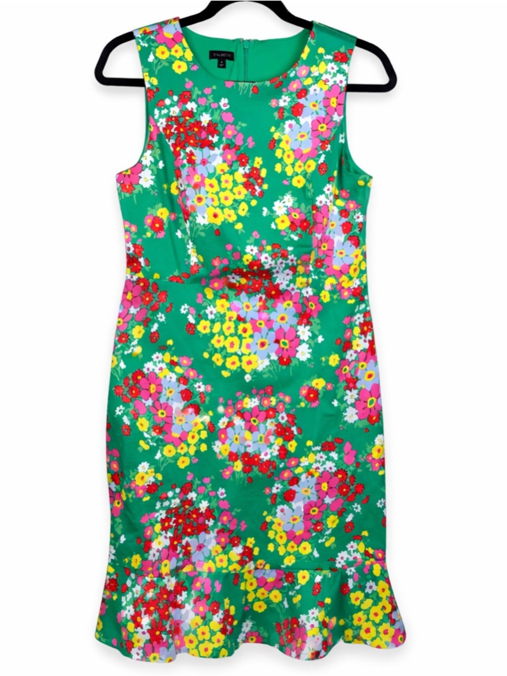 Talbots Floral midi Dress Size 8 Green Multicolor Fit Flare Ruffle Hem